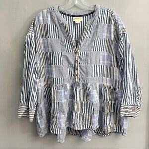 Maeve Anthropologie Blue/Multi Striped Patchwork Button Shirt, Size XS